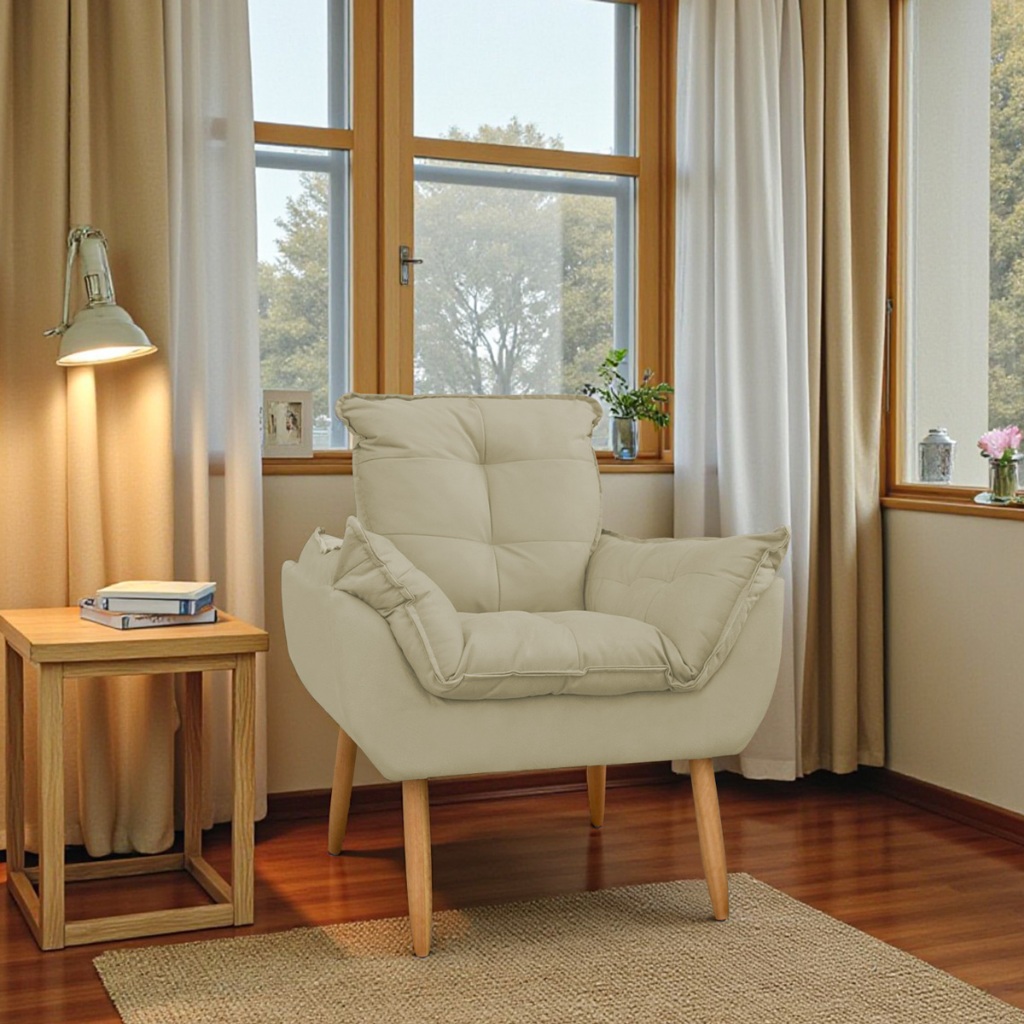Poltrona Decorativa Opala Pés Palito Para Quarto e Sala de Estar Suede Bege