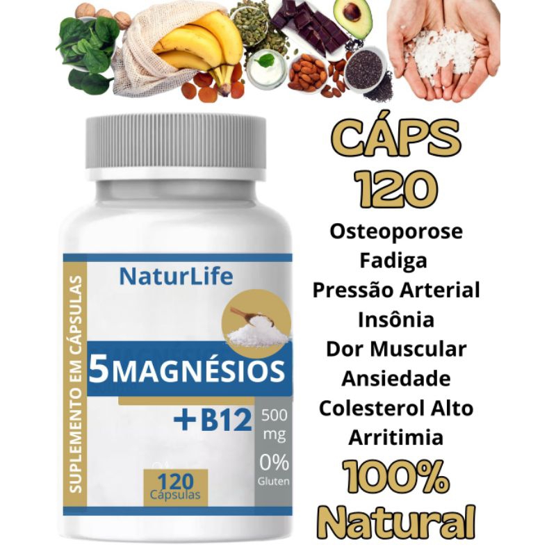 5 Magnésios 120 cápsulas de 500mg (magnésio Quelato, Malato, Turato, Citrato e Óxido em Oferta na Shopee