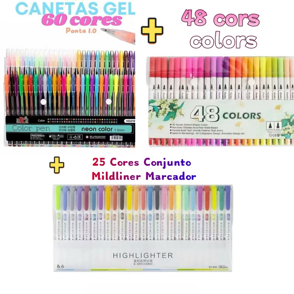 kit Papelaria 60 Canetas Colorgel + 48 CORES CLASSICO +25 Cores Conjunto Marcador