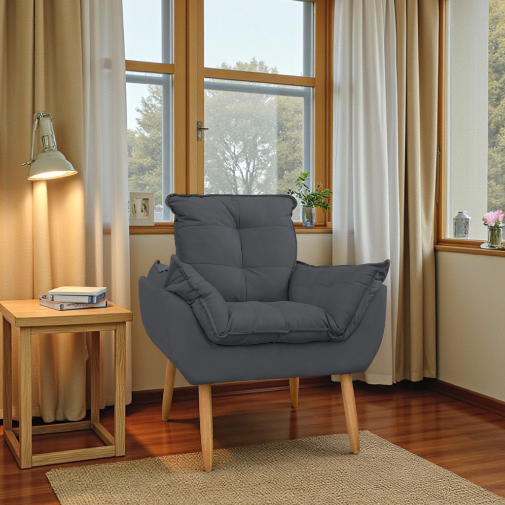 Poltrona Decorativa Opala Pés Palito Para Quarto e Sala de Estar Suede Cinza Escuro