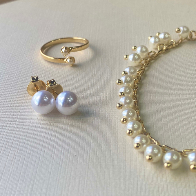 Anel + Brinco + Pulseira Perola Regulável banhado no Ouro 18K - Conjunto Perola - Luane Acessórios