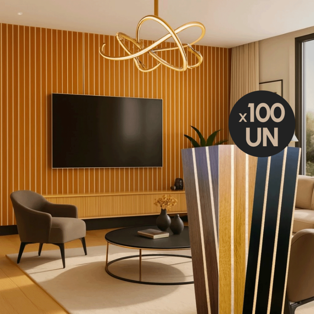 KIT 100 Placas Ripado 45X11cm  MDF Revestimento Painel De Parede Decorativo Auto Colante em Oferta na Shopee