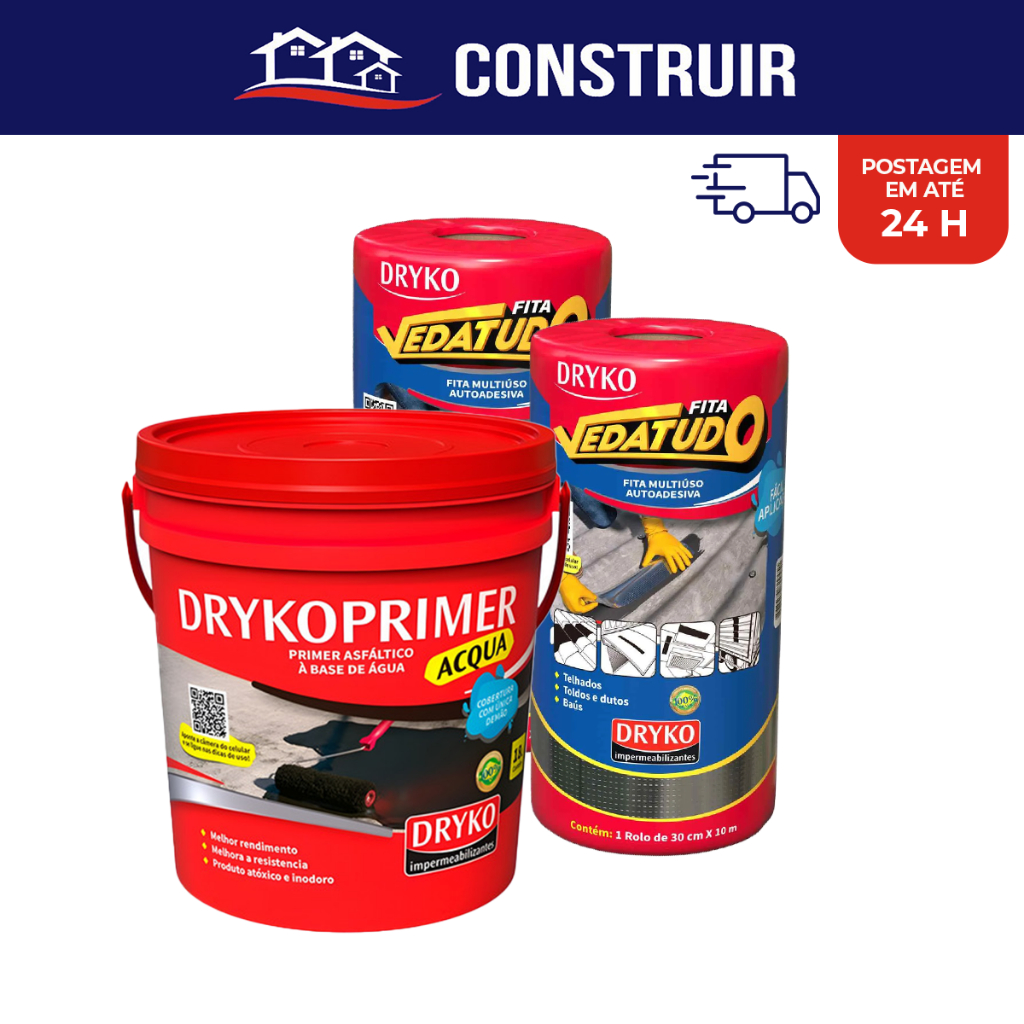 Manta Asfáltica 30cm 2un + Primer Asfáltico 3,6 Kit Aplicação Fita Metalizada Telha Laje Veda Tudo