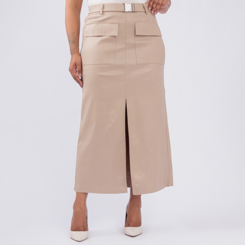 SUSIE SAIA PLUS SIZE LONGA COM CINTO BOLSO FRONTAL GLITER FEM