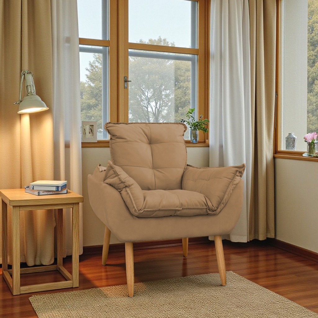 Poltrona Decorativa Opala Pés Palito Para Quarto e Sala de Estar Suede Cappuccino
