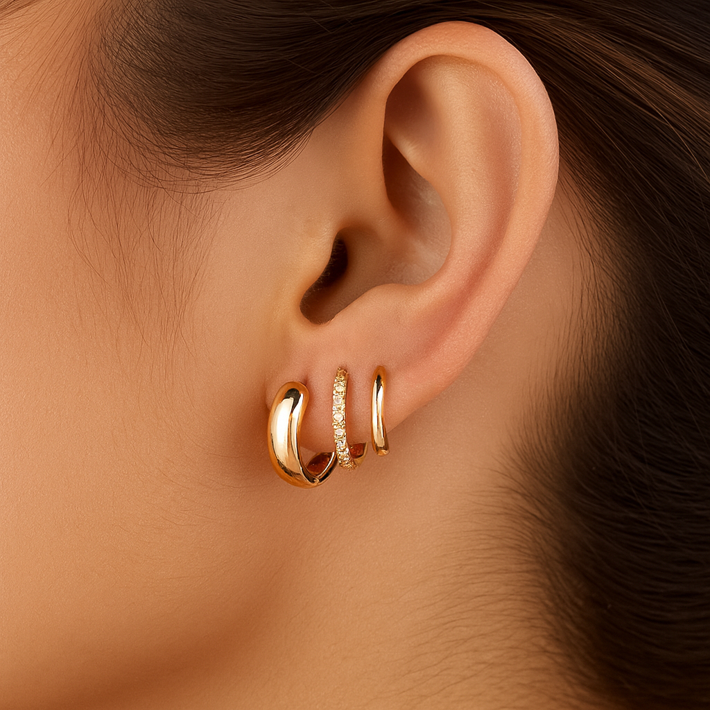 Kit 3 pares de brincos femininos elegantes e clássicos em prata 925 incrustados com zircônia e banhados a ouro 18K em Oferta na Shopee