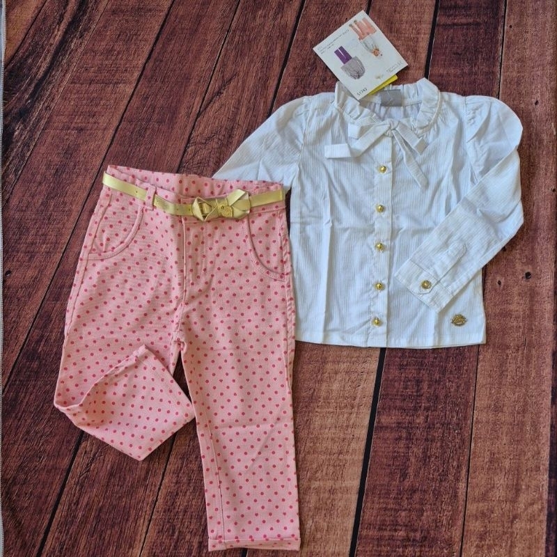 Conjunto Infantil Feminino Camisete Tricoline e Calça Sarja Estampada Tamanho 02 - Brandili Mundi 51743.004
