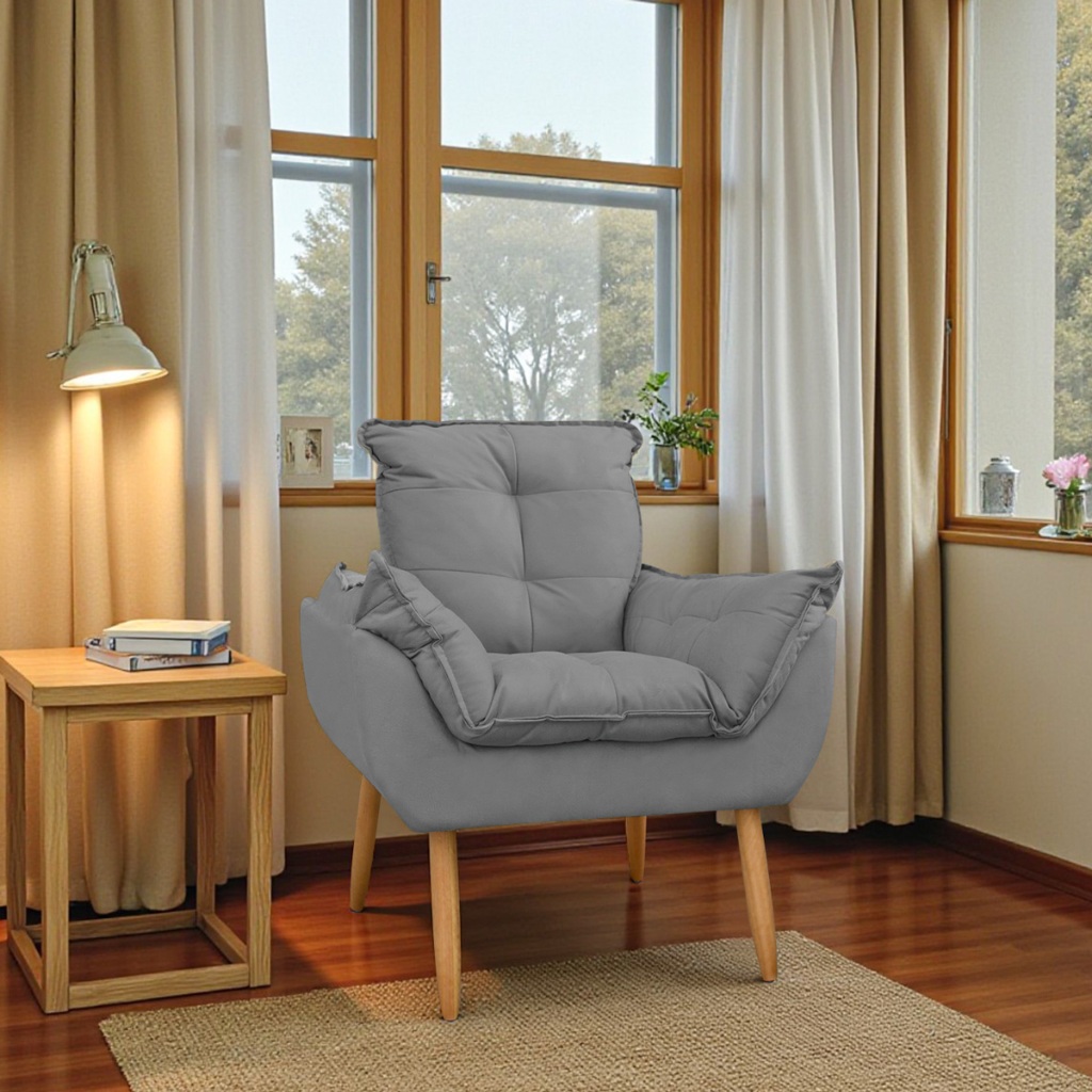 ENVIO IMEDIATO - Poltrona Decorativa Opala Pés Palito Para Quarto e Sala de Estar Suede Cinza