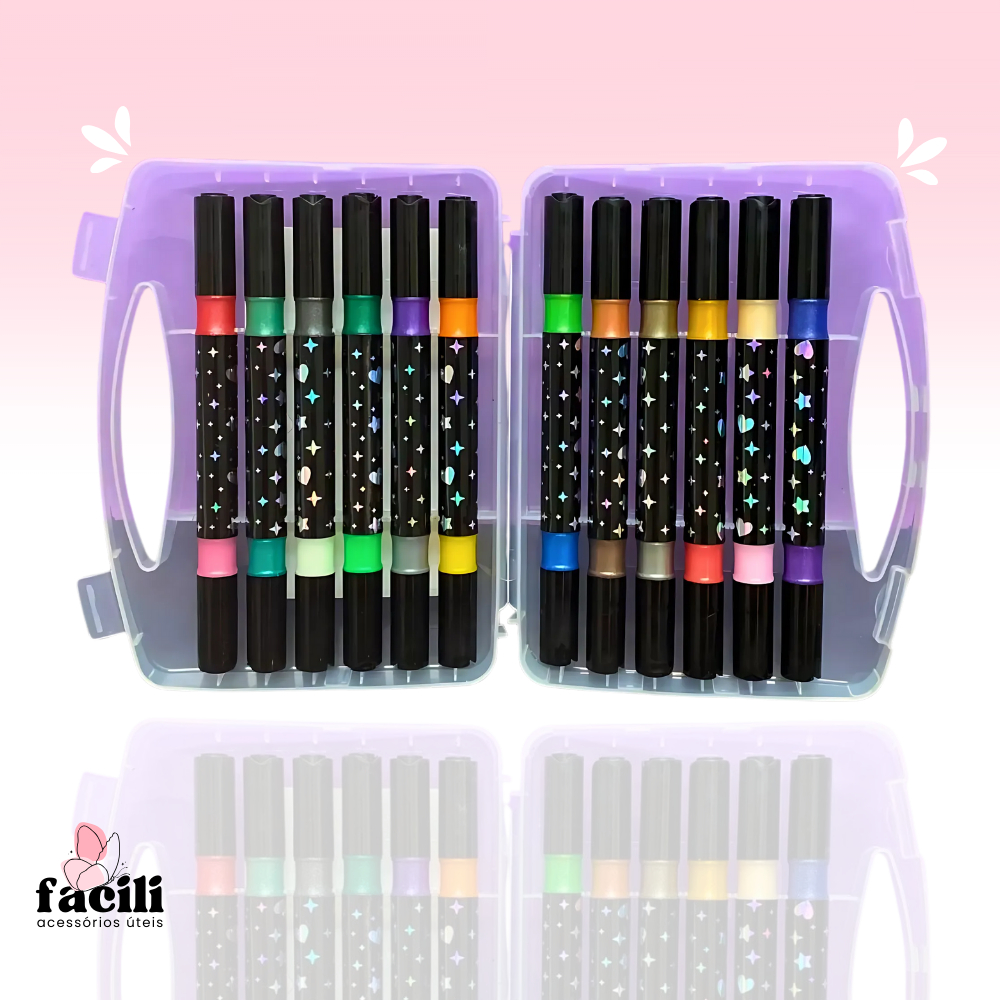 24 Cores Canetas Marcadoras Glitter Metalizada Ponta Dupla Conjunto De Canetinhas Colorir Bobby Goods