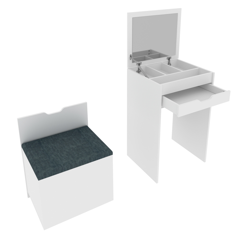 Penteadeira Compacta com Espelho 1 Gaveta e Puff PE2007 Branca Tecnomobili em Oferta na Shopee