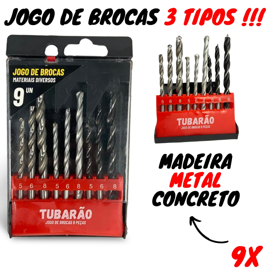 Jogo de Broca 9 Peças (Madeira / Concreto / Metal) - Tubarão