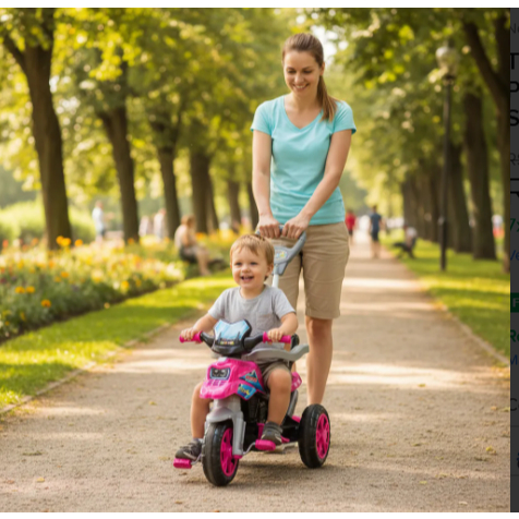 Triciclo Infantil com Pedal e Haste Rosa Azul Cinto Segurança Rodinhas Apoio Para Pé Passeio Parque Criança