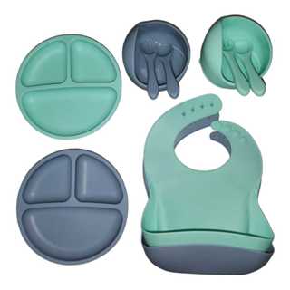 KIT BASICO  Conjunto Talheres bebê silicone  kit garfo,colher, prato, tigela, babador para bebê Alimentação 5 Peças em Oferta na Shopee