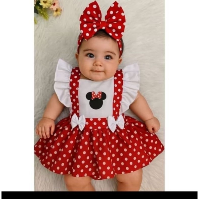 Jardineira romper body Poa Minie Vermelha com Tule Vermelho Mesversario Aniversário