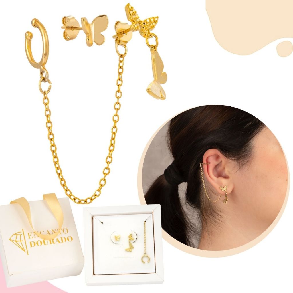 Brinco Piercing Fake Borboleta Ear Cuff Banhado A Ouro Brinco Borboleta Dourada Moda Blogueira