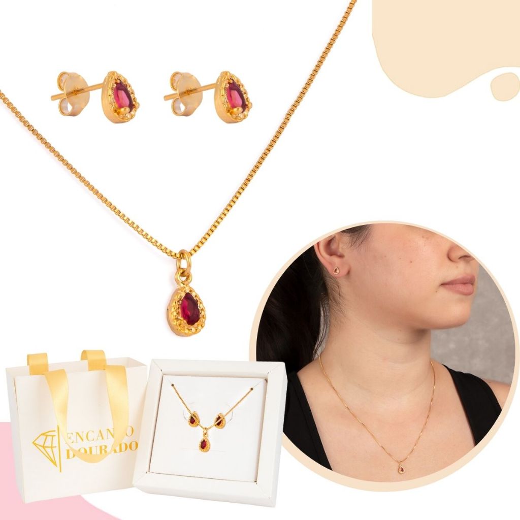 Kit Feminino Colar E Brinco Conjunto Gota Fucsia Cravejada Conjunto Banhado A Ouro Gota Presente Com Caixa