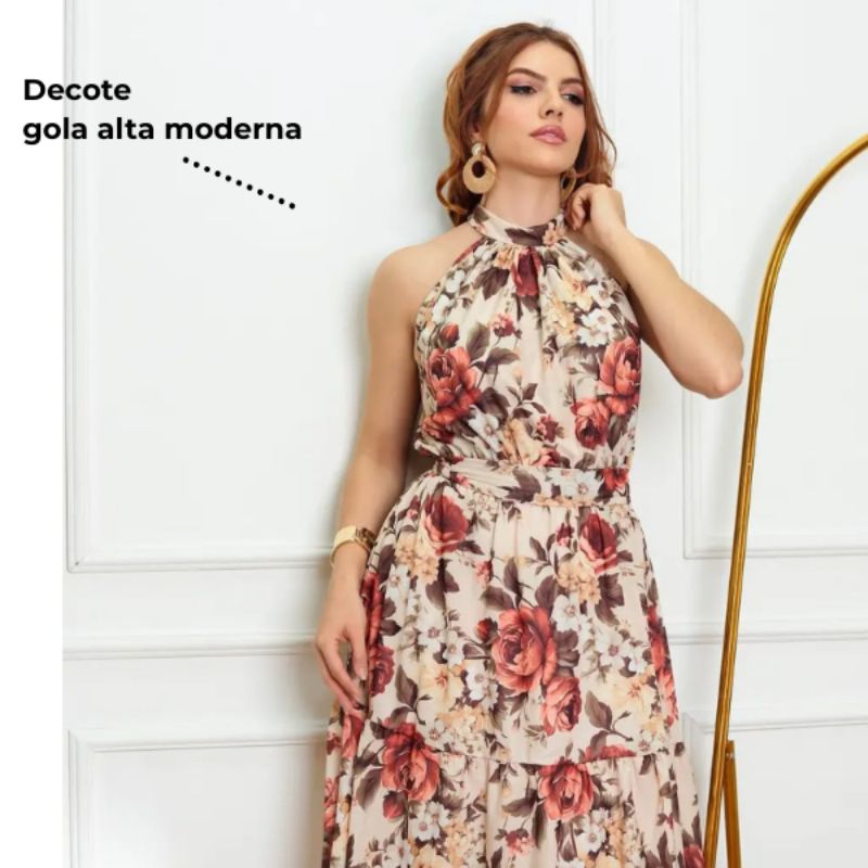 Vestido feminino longo floral Elegante Gola alta