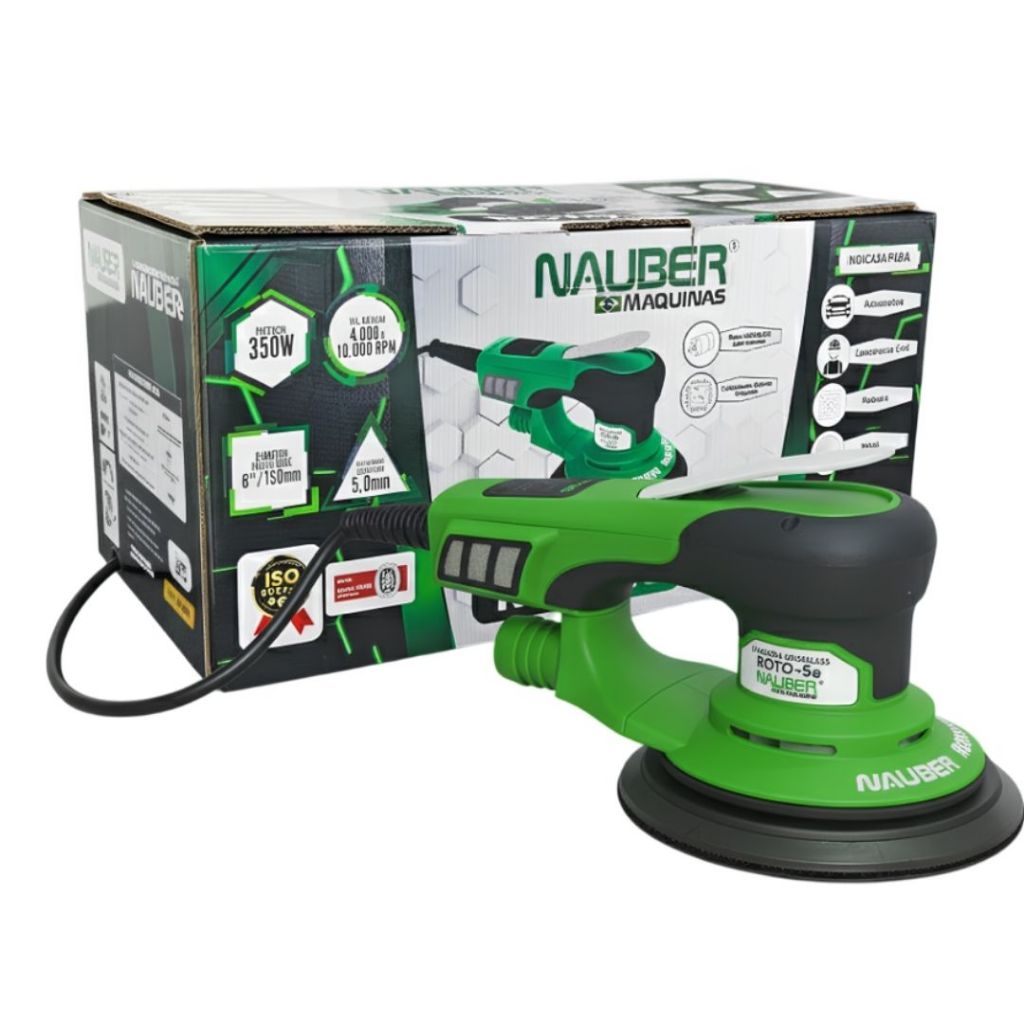 Lixadeira Nauber Roto-5E 220V 350W – Roto-Orbital Profissional com Ajuste Digital - Base 6” 150mm Multifuros Brushless