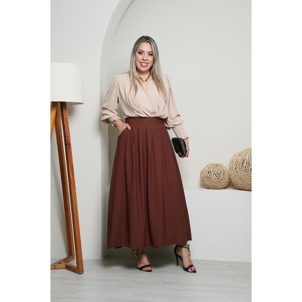 Saia Longa Feminina com Pregas e Bolsos