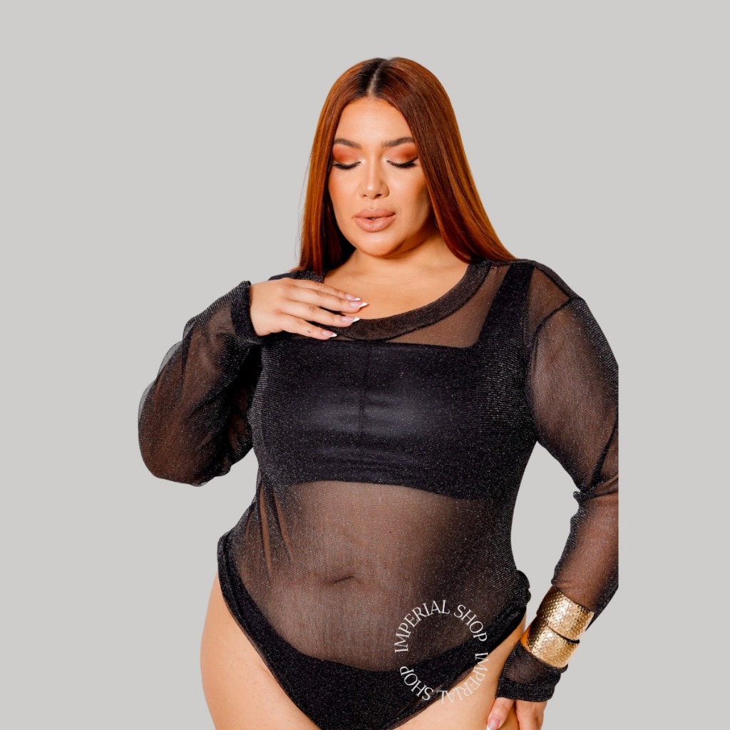 Body Blusa Tule Manga Longa Transparente Roupas Feminina -Bia
