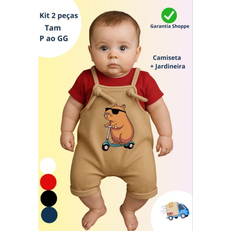 ✨ Kit 2 Peças Infantil – Jardineira de Moletinho + Camiseta Malha Peruana
