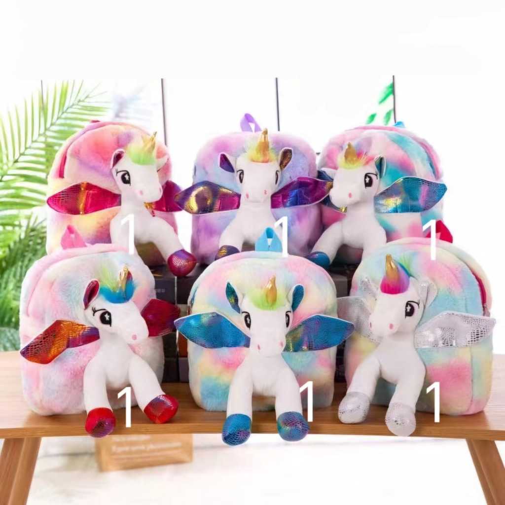 MOCHILA,BOLSA,MINI MOCHILA PELUCIA UNICORNIO ARCO-IRIS PEQUENA INFANTIL COM ASAS BRILLANTES KAWAII