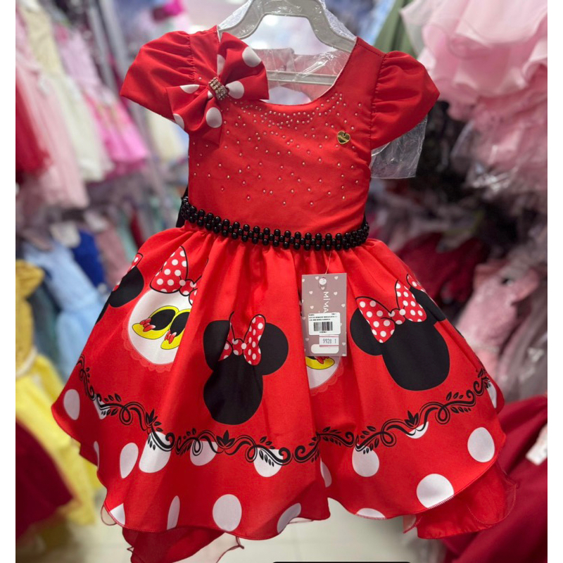 Vestido Festa Infantil Luxo Minnie Vermelha + Laço Bebê Menina 1.2.3