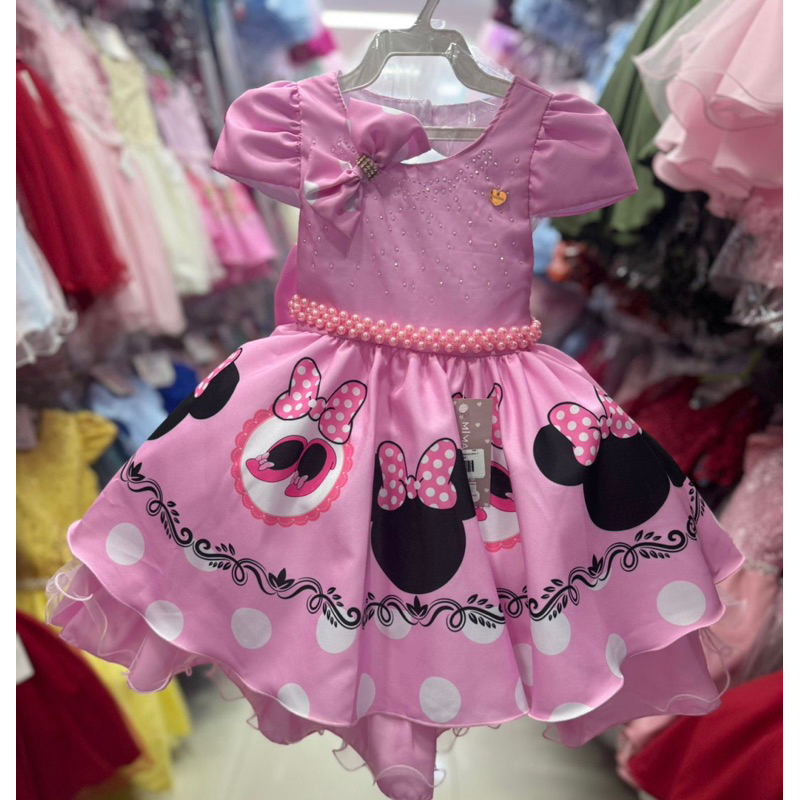 Vestido Festa Luxo Infantil Minnie Rosa + Laço Bebe Menina 1.2.3