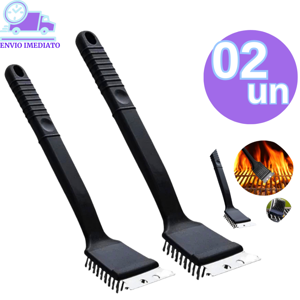 Kit 2 Escova Para Grelha Cerdas de Aço 34cm Profissional Limpa Grelha de Churrasqueira Com Raspador