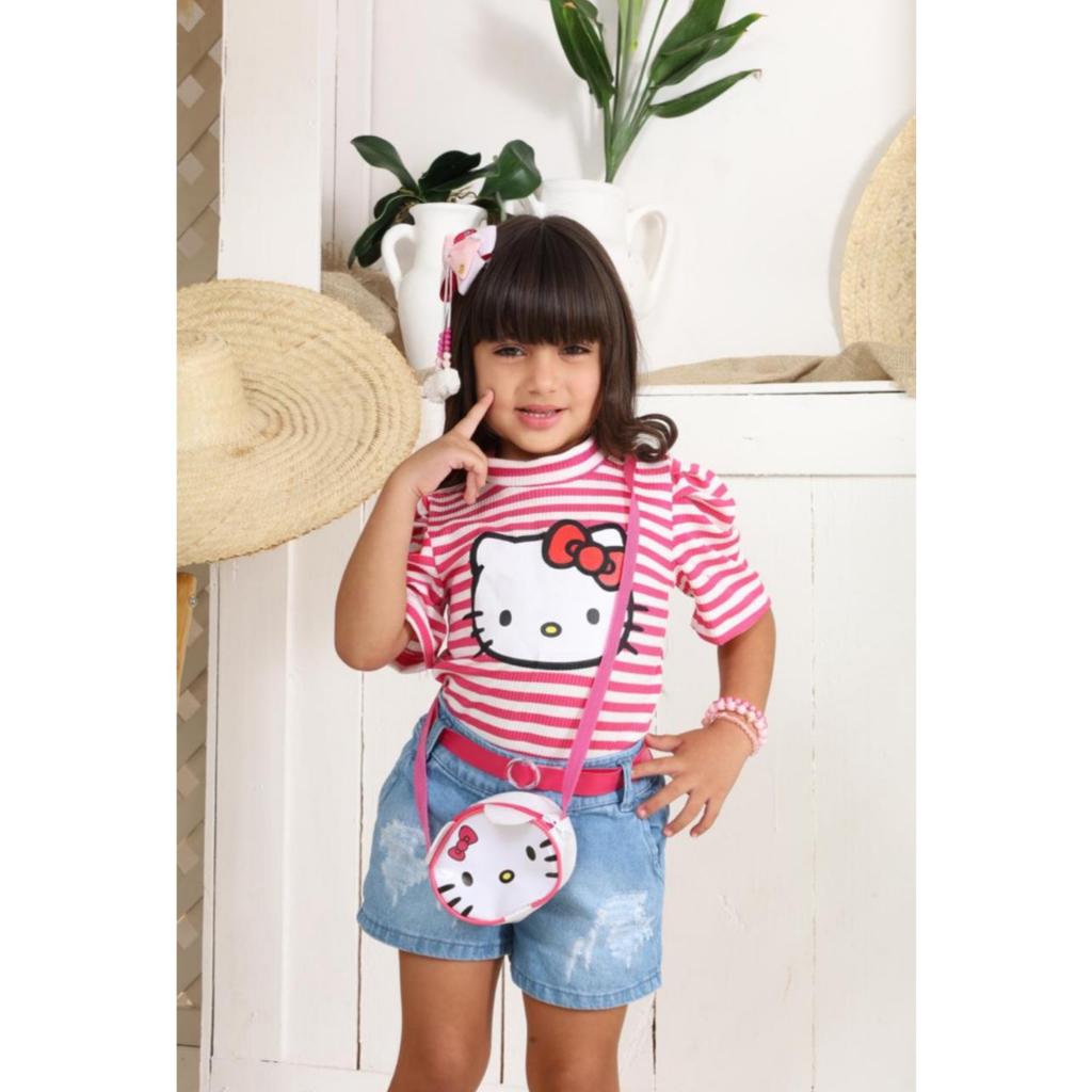 conjunto infantil menina estampado com bolsinha blusa e shorts jeans hello kitty look estilosa kit verão 2 ao 10