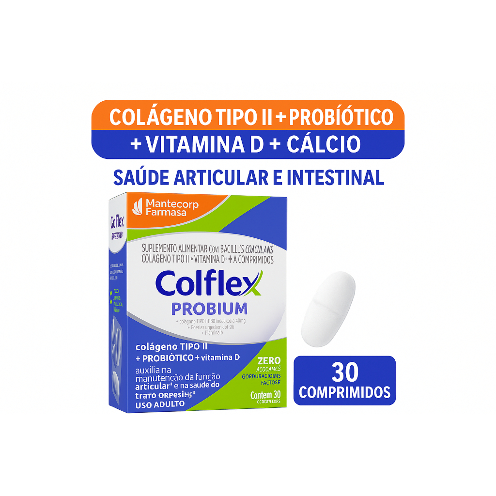 Colflex Probium 30 Comprimidos | Colágeno Tipo II + Probiótico + Vitamina D 2000UI + Cálcio