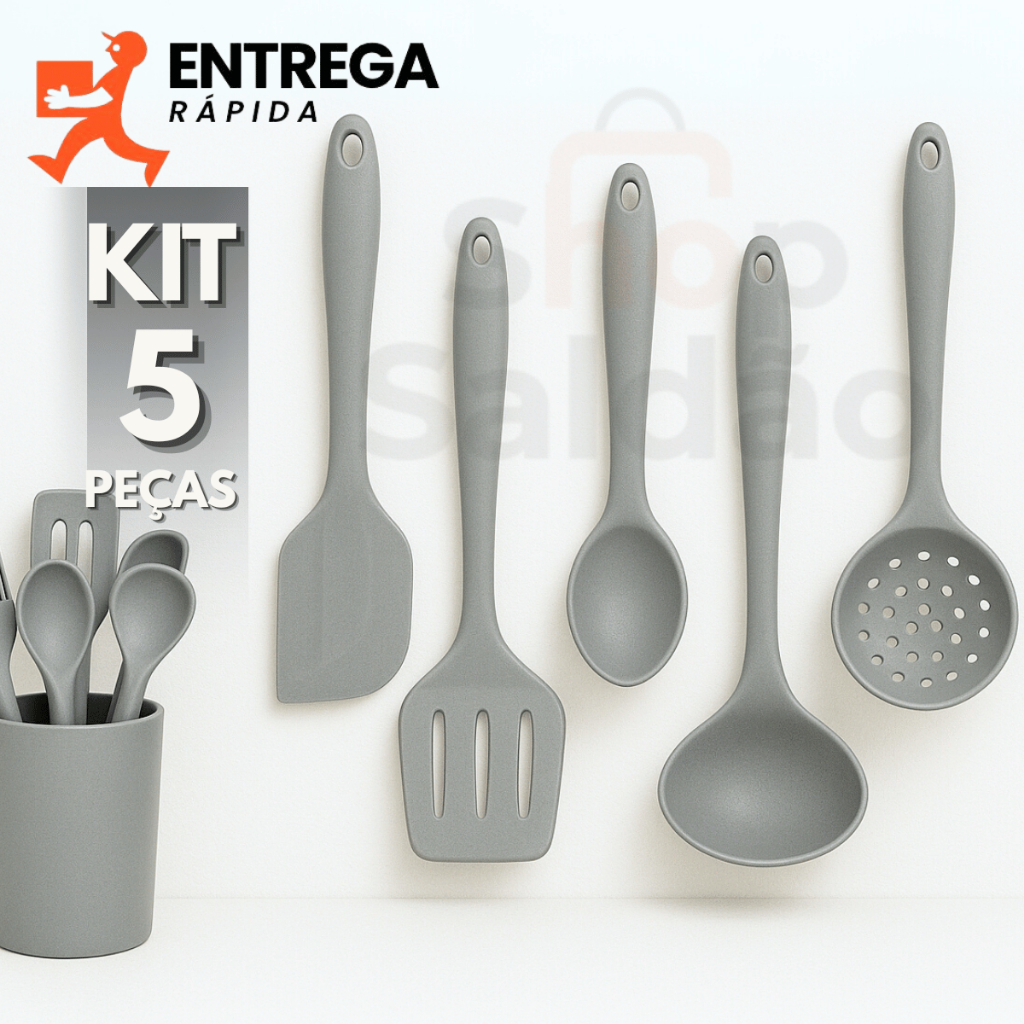Kit 5 Utensílios de Silicone Concha Escumadeira Colher de Arroz Espátula Pão Duro Espátula Vazada