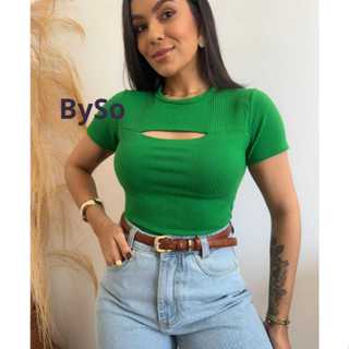Blusa Básica Feminina Decote Vazado Blusinha Casual Manga Curta Dia a Dia Trabalho Estudo em Oferta na Shopee