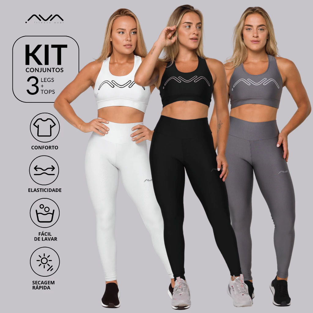 Kit 3 Conjuntos Feminino Academia Zero Transparência Top e Legging AVA Fitness Originals — imagem 1