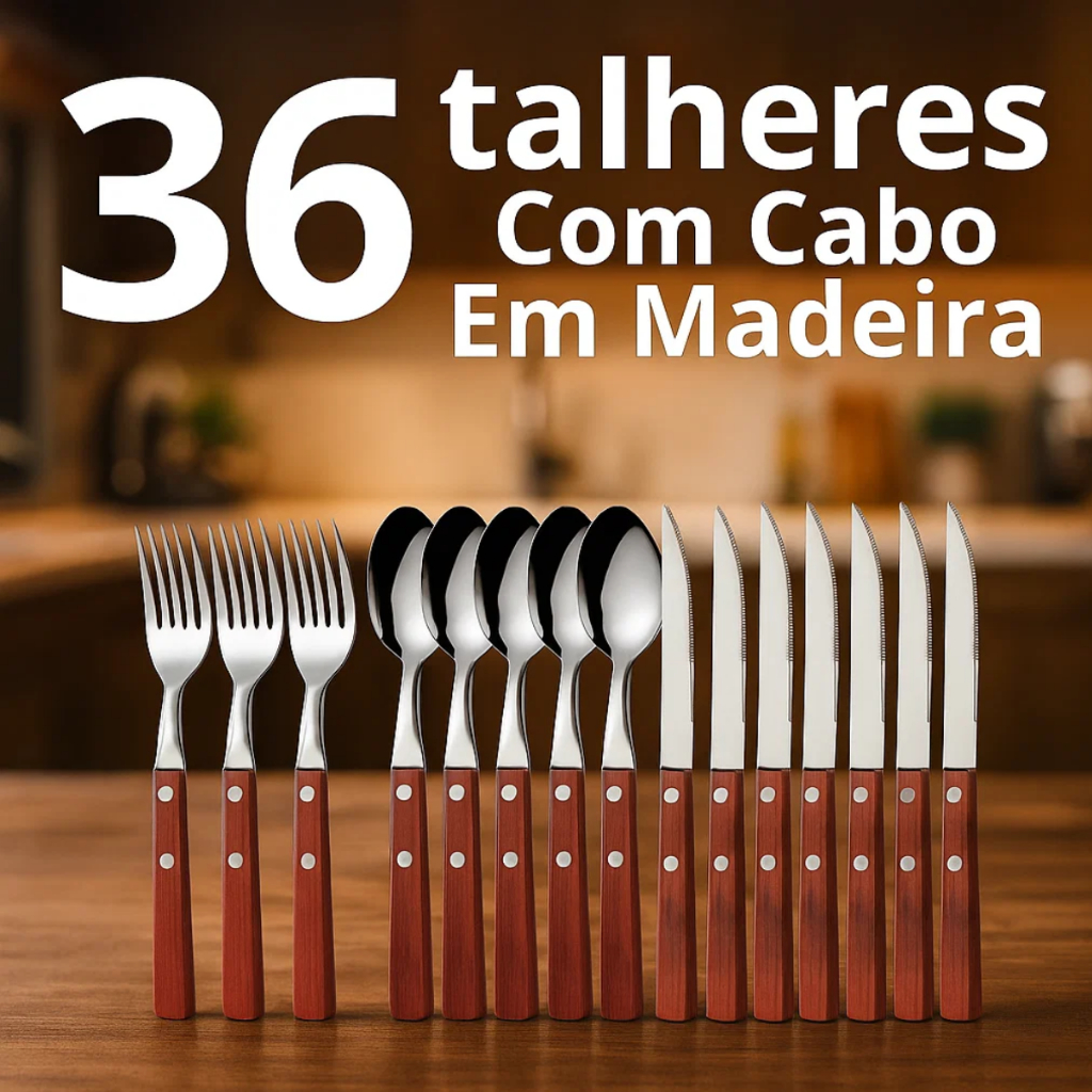 Jogo de Talheres Inox Cabo em Madeira Garfo Faca Colher 36 Peças Almoço Jantar Restaurante BarZZZ