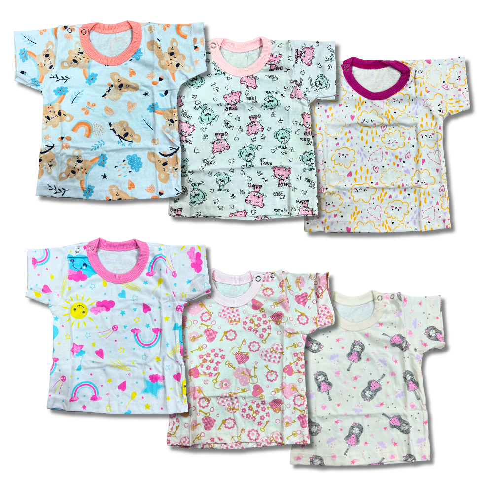 Kit Camiseta Curta 100% Algodão - 6 Peças Feminino PMG com Botões para Troca Fácil