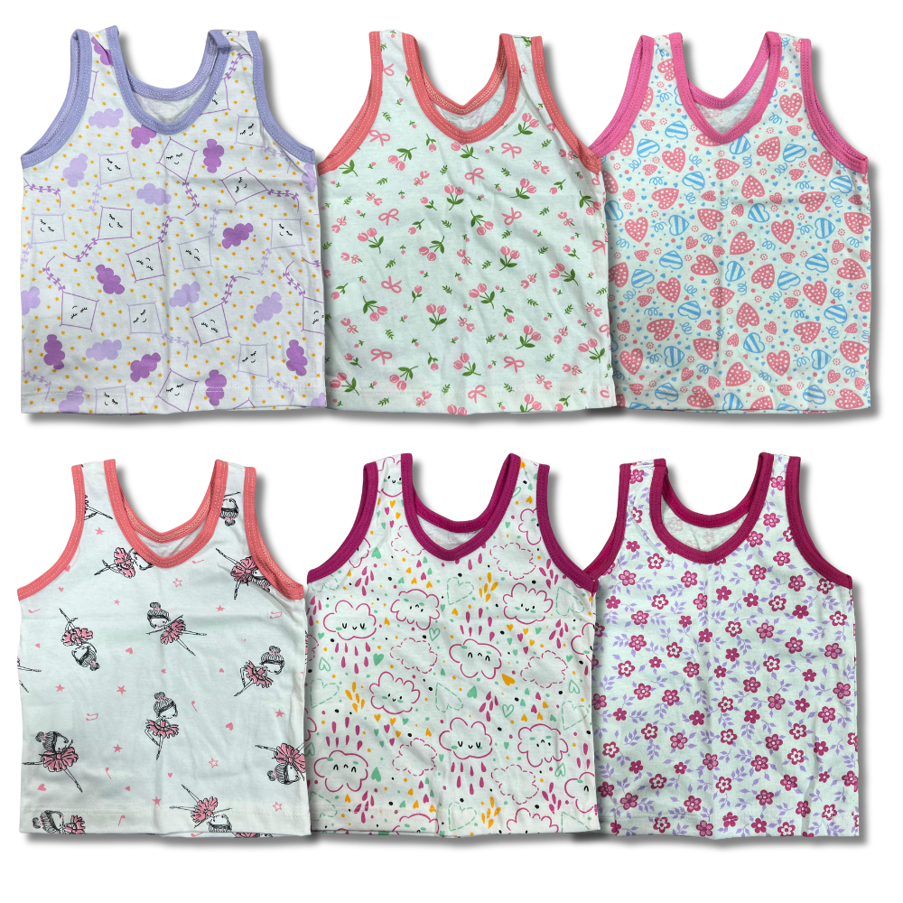 Kit 6 Regatas Bebê Feminina Tam.: P, M e G - 100% Algodão Verão Colorido