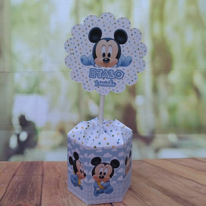 PEGUE e MONTE - Centro de Mesa Sextavado - Tema Mickey Baby - Lembrancinha de Festa Infantil