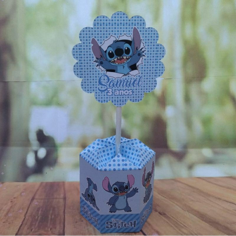 PEGUE e MONTE - Centro de Mesa Sextavado - Tema Stitch Azul - Lembrancinha de Festa Infantil