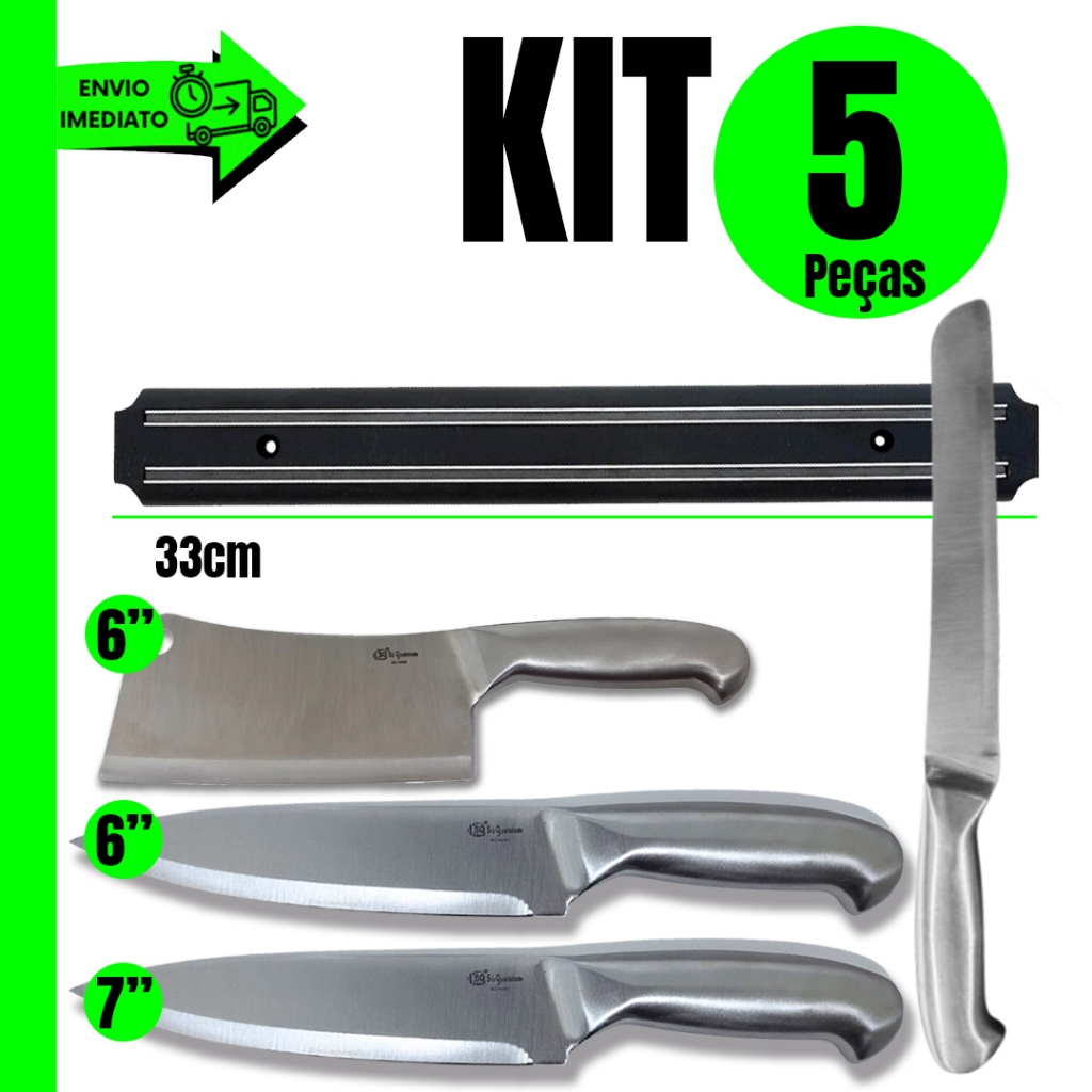Conjunto Barra Magnética 33cm + Faca Texas 6 e 7 Polegadas + Faca Serra Corta Pão + Cutelo Texas 6 Polegadas tudo Inox