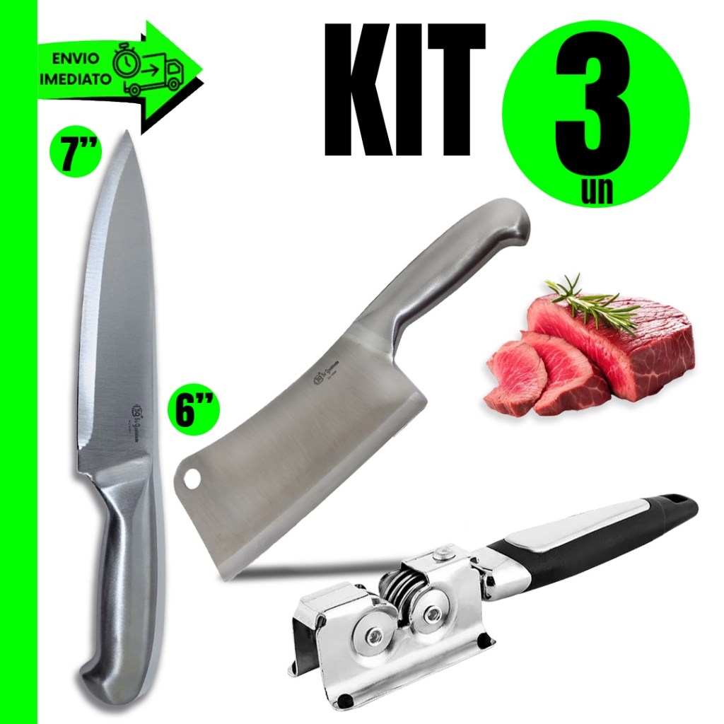Conjunto Faca Peixeira 7 Polegadas + Amolador Profissional Inox e Cutelo Texas 6 Polegadas Aço Inox Para sua Cozinha