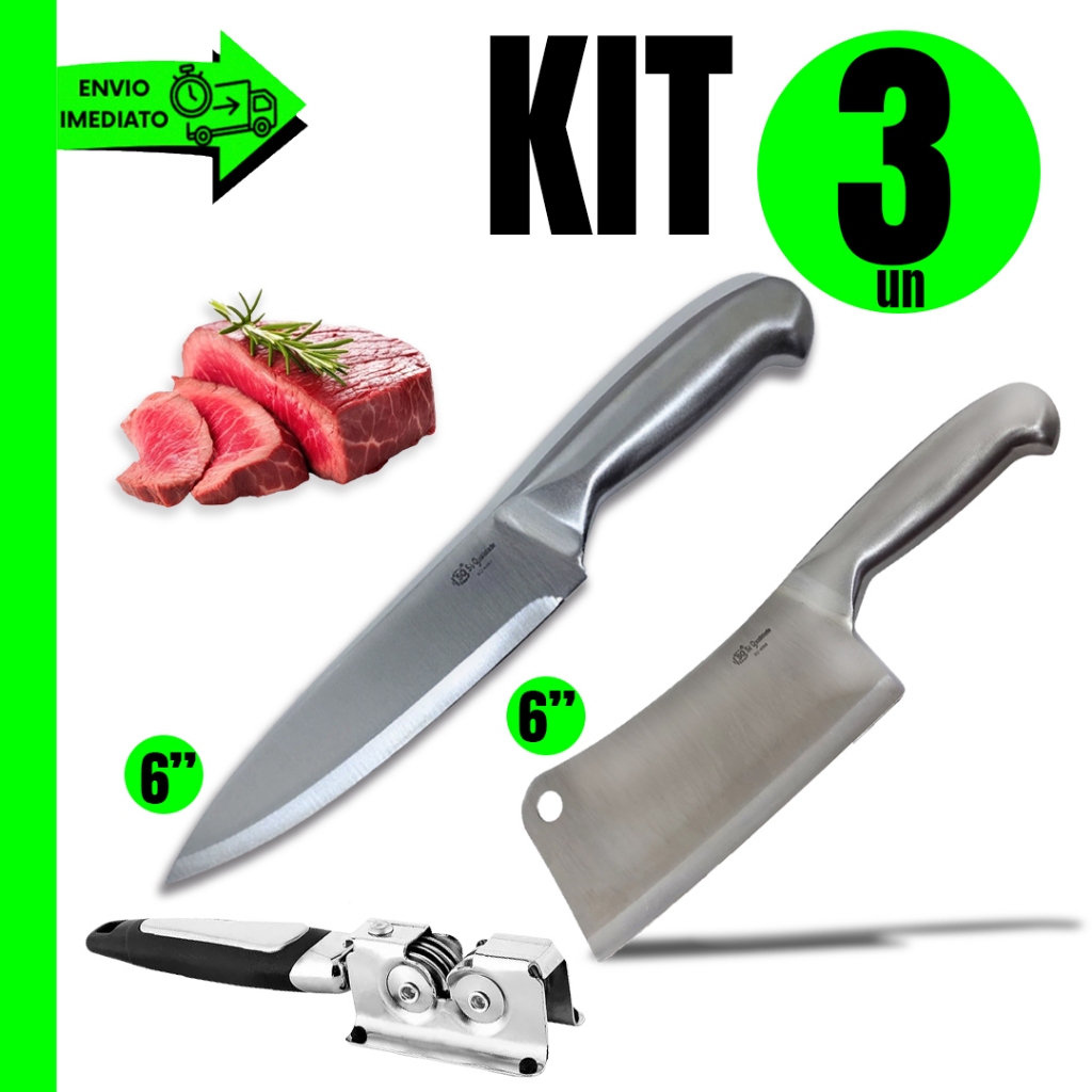 Conjunto Faca Peixeira 6 Polegadas + Amolador Profissional Inox e Cutelo Texas 6 Polegadas Aço Inox Para Sua Cozinha