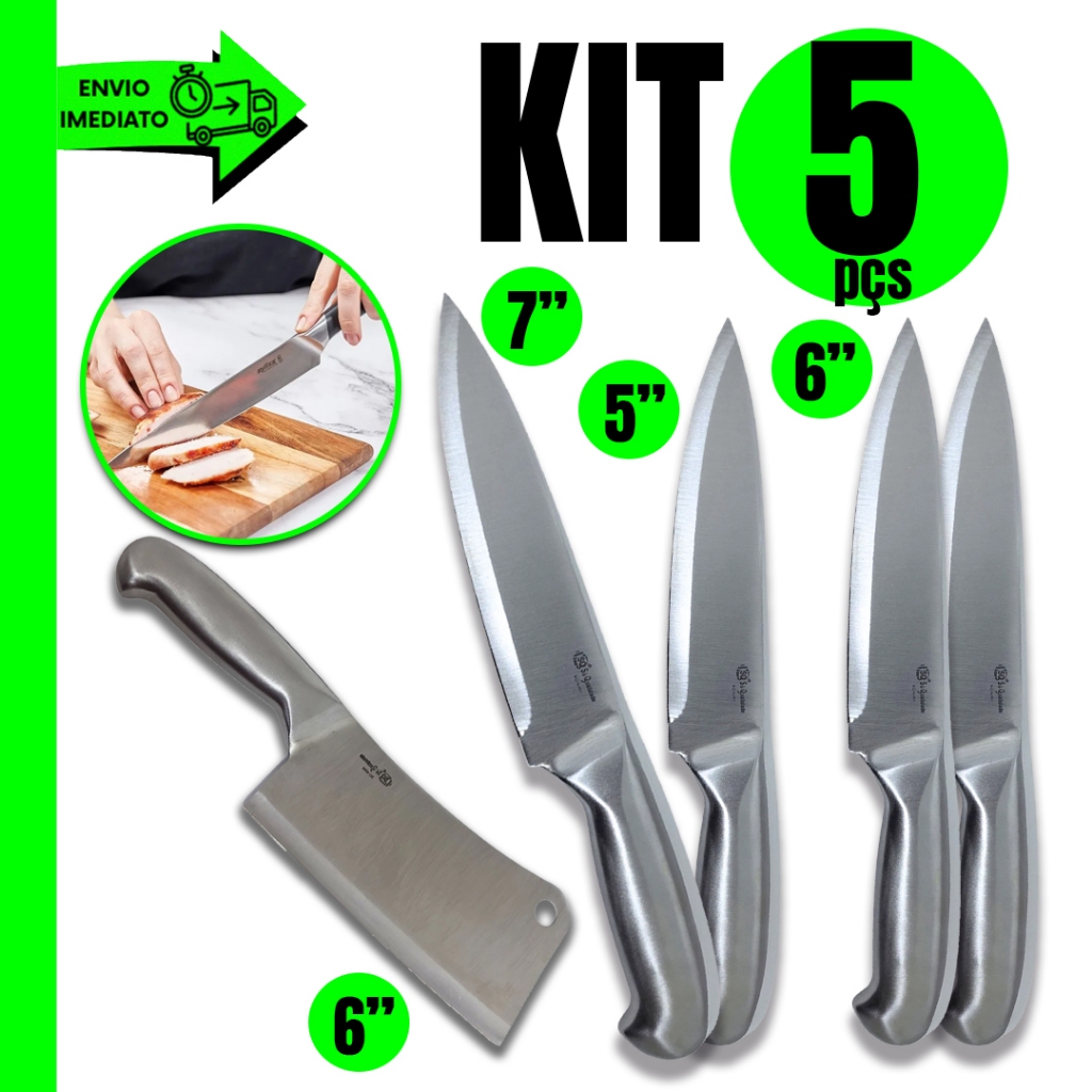 Kit 5 Peças Faca Profissional 1 Faca 5"  2 faca 6" 1 Faca 7" 1 Cutelo 6" Profissional tudo Em Aço Inox