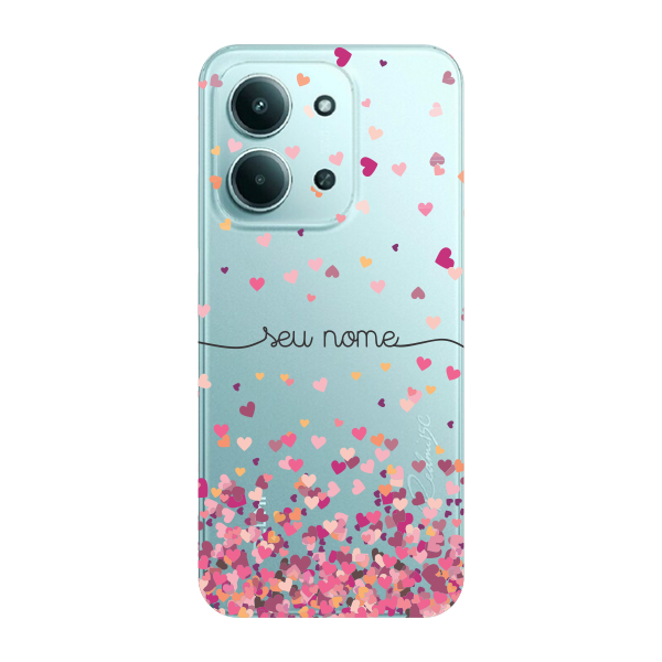 Capinha para Xiaomi RedMi 15c Anti Impacto Personalizada - Chuva de corações rosa com nome