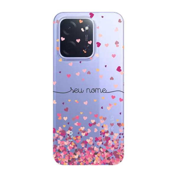 Capinha para Xiaomi Poco C85 Anti Impacto Personalizada - Chuva de corações rosa com nome