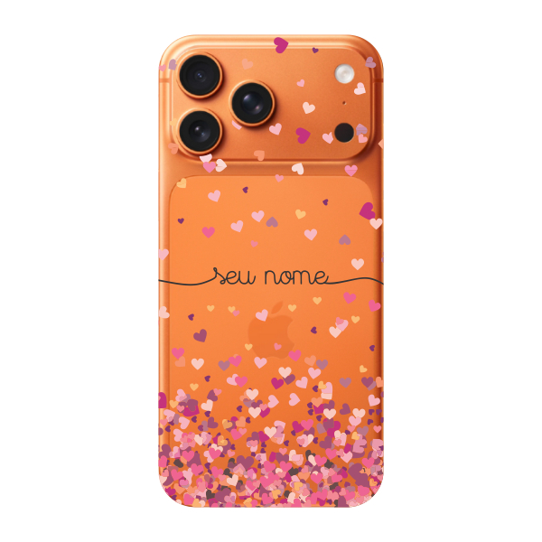 Capinha para iPhone 17 Pro Max Anti Impacto Personalizada – Chuva de corações rosa com nome