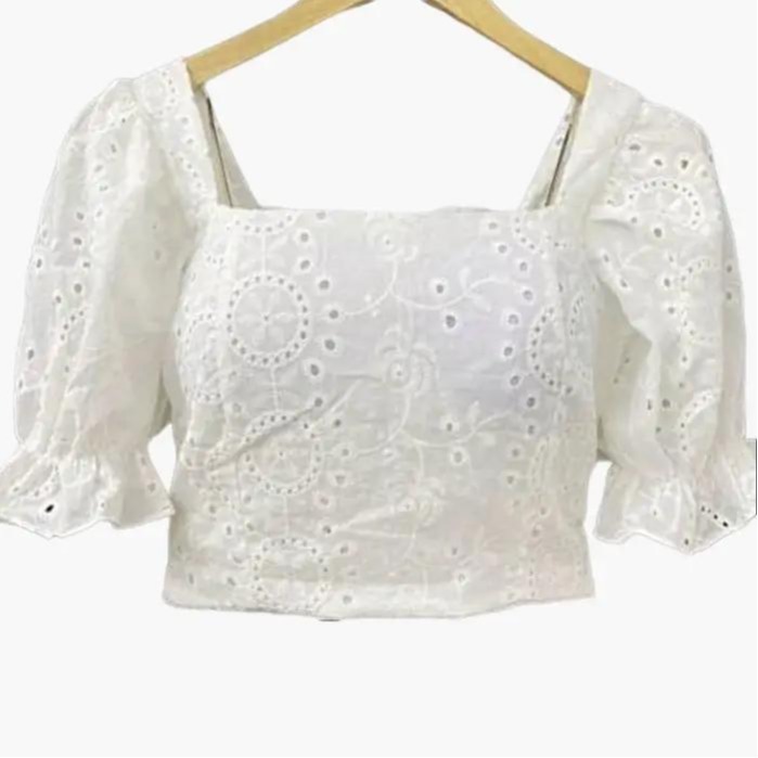 Cropped feminina de laise com bojo com manga bufante em Oferta na Shopee