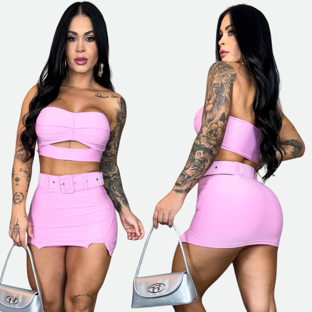 Conjunto Femenina Shorts Saia  e Cropped /Top Tomara que Cai com Bojo + Cinto – Moda Feminina em Oferta na Shopee