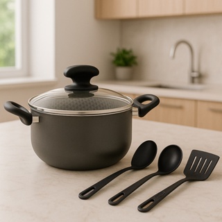 Panela Caçarola Antiaderente Grafite com Kit de Utensilios Revestimento Cerâmico Premium Com Tampa em Oferta na Shopee