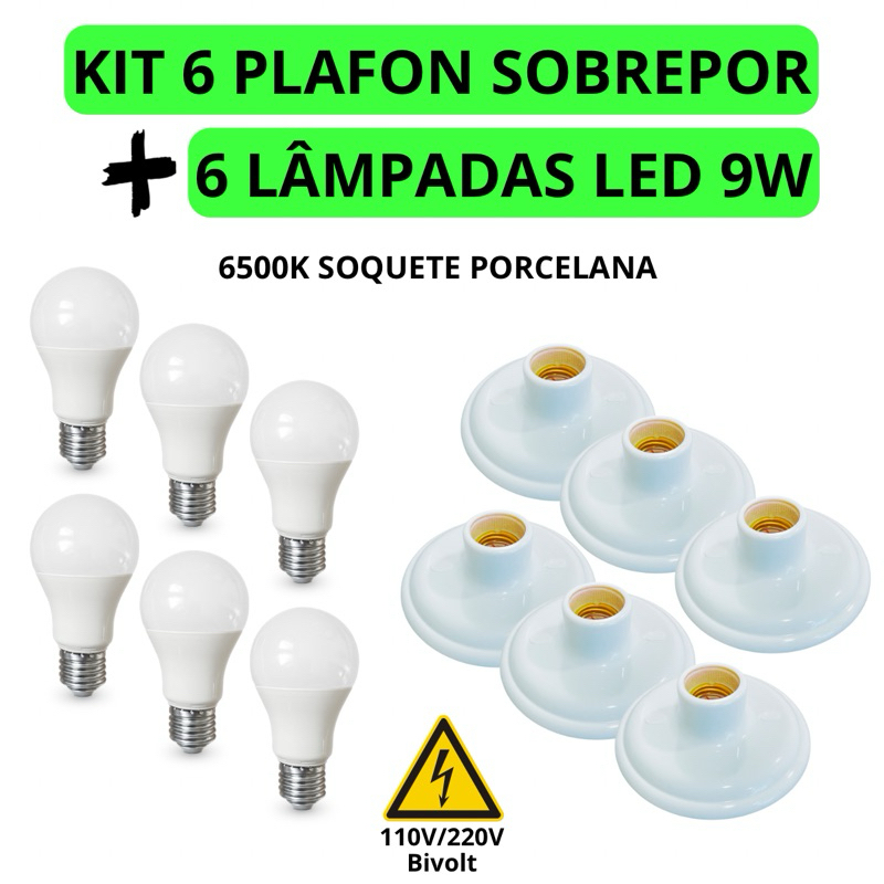 Kit 6 Plafon + 6 Lampadas LED 9W 6500K Soquete Porcelana Bocal E27 - Iluminação Luz Branca Fria em Oferta na Shopee